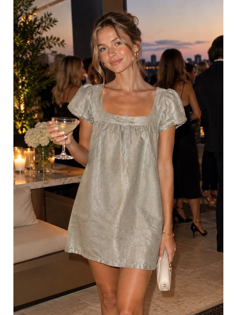 Sandro Metallic Silver Shimmer 100% Linen Babydoll Mini Dress Size 2 S M